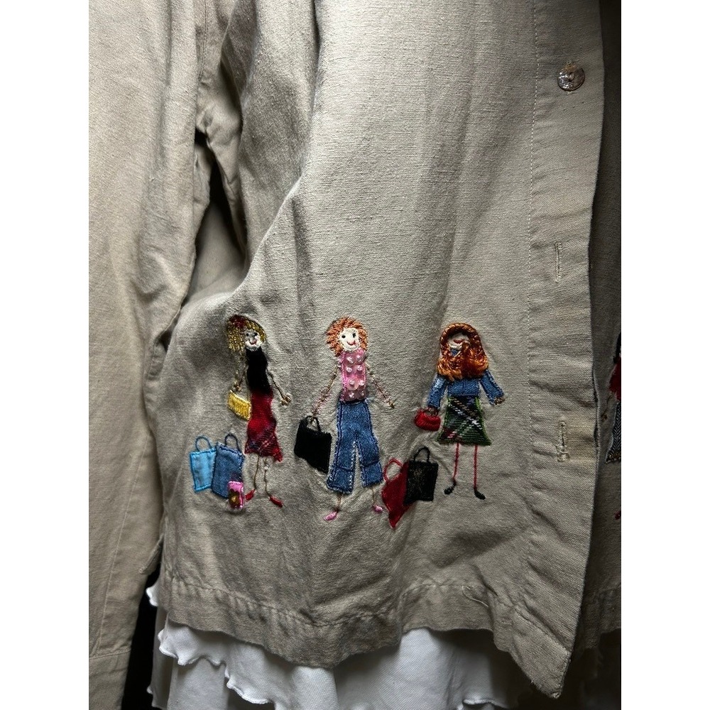 Lemon Grass Embroidery Khaki Button Up Shirt Women "Shop Til You Drop" - Picture 4 of 6